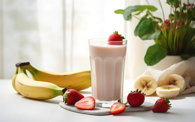 Utsikt over deilig banan shake med jordbær