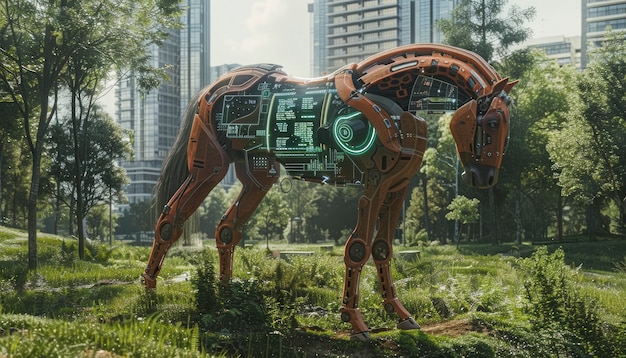 Utsikt over hest med mekaniske og robotiske deler i futuristisk stil