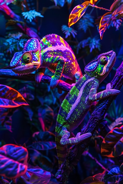 Utsikt over kameleon med sterke neonfarger