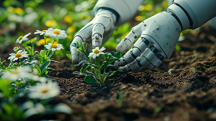 Gratis Foto view of a robot taking care of a garden