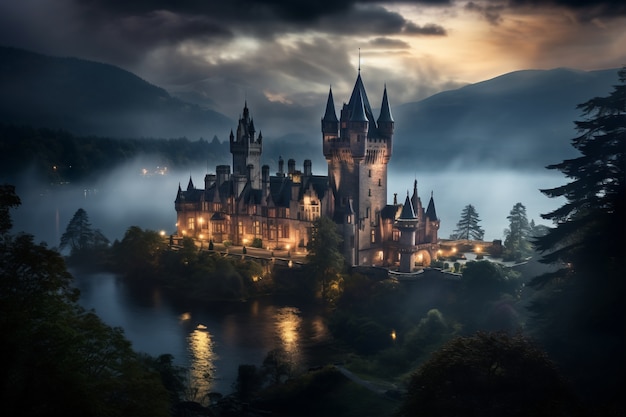 view of castle with lake and nature landscape
