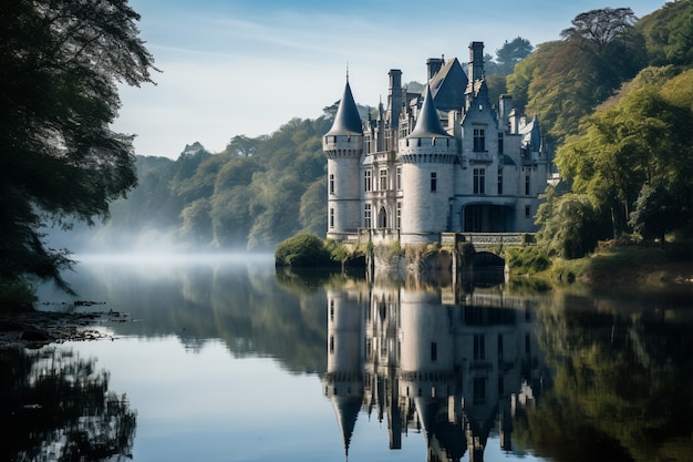 view of castle with lake and nature landscape