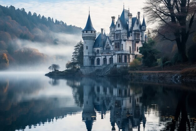 view of castle with lake and nature landscape