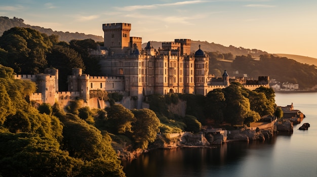 view of castle with lake and nature landscape