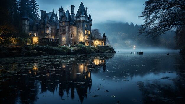 view of castle with lake and nature landscape