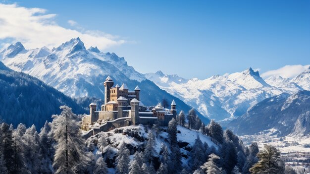 view of castle with winter nature landscape