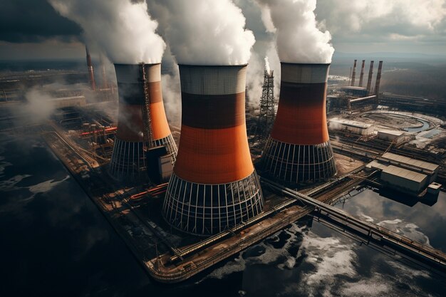 View of nuclear power plant with towers letting out steam from the process