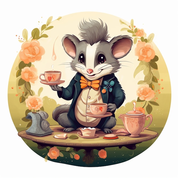 View of possum cartoon character with tea