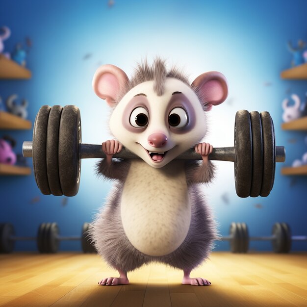 View of possum cartoon character with weights