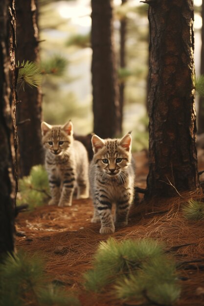 View of wild bobcat cubs in nature