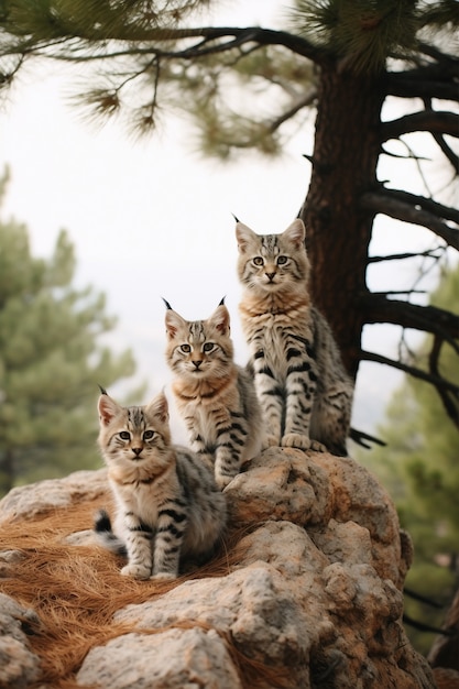 View of wild bobcat cubs in nature