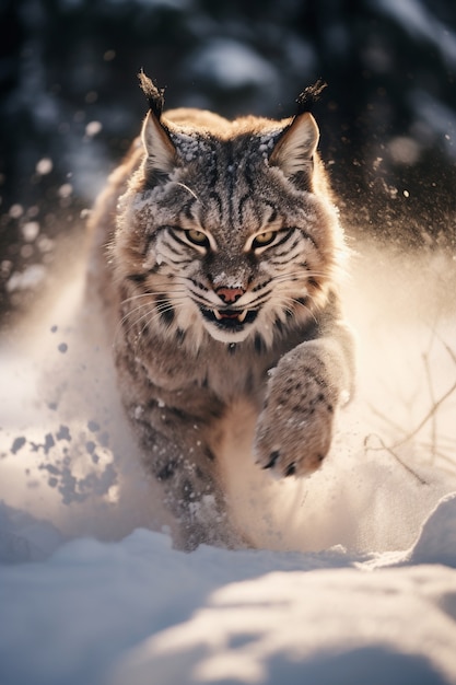 View of wild bobcat with snow in winter