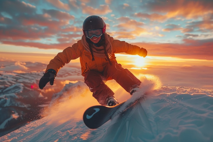 Gratis Foto view of woman snowboarding with pastel shades and dreamy landscape