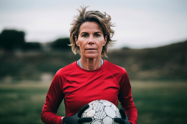 Visning av kvinnelig fotballspiller som holder ballen