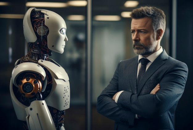 Visning av robot ved siden av menneskelig forretningsperson