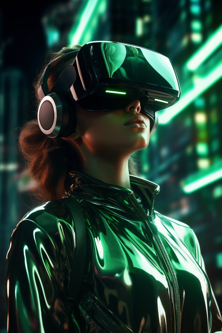 Gratis Foto woman with vr glasses in futuristic city