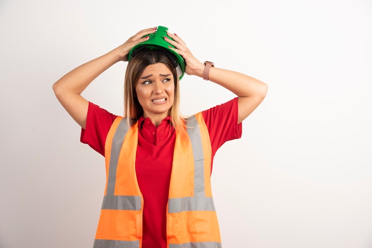 Gratis Foto young attractive woman in construction uniform on white background.