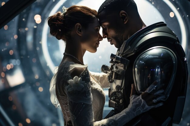 young couple getting married in a space station