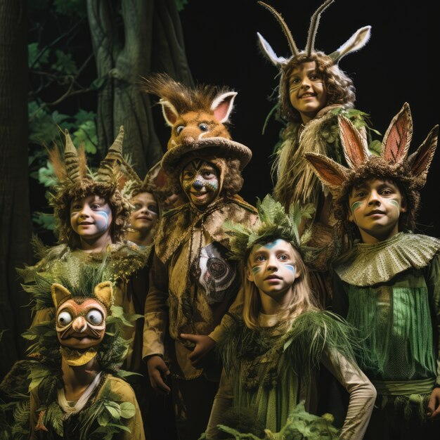 Young kids performing a play on theatre stage to celebrate world theatre day