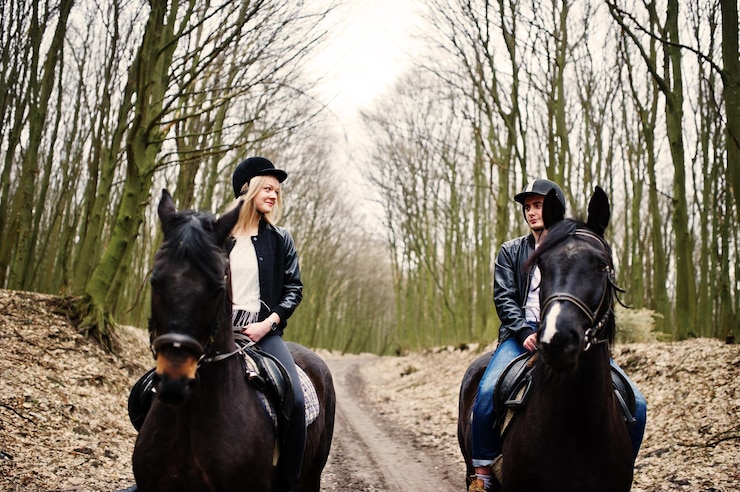 Gratis Foto young stylish couple riding on horses at autumn forest