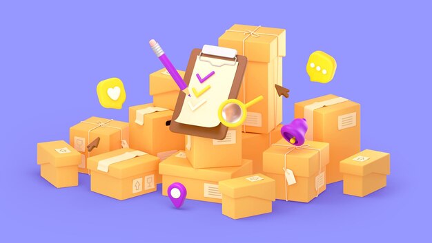 3d render cardboard boxes pile clipboard pen