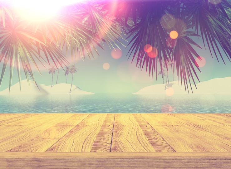 Gratis Bild 3d render of a retro styled image of a wooden deck looking out to a tropical landscape
