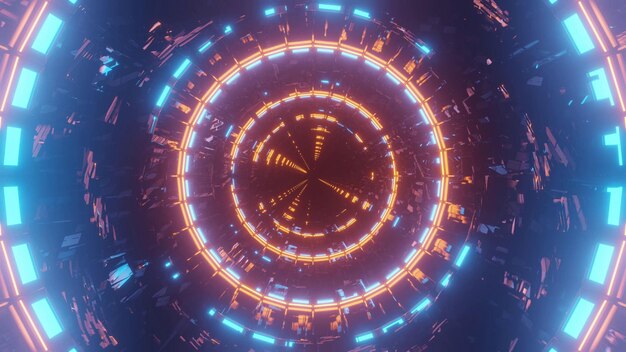 3D rendering of orange and light blue lights forming a circle - futuristic concept