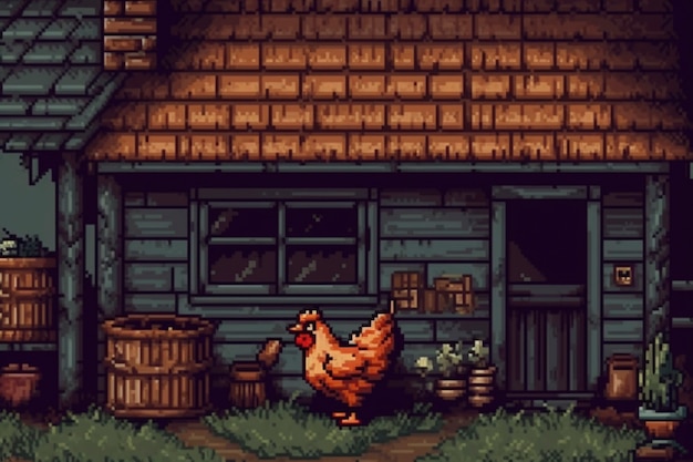 8-bit graphics pixels scene with chicken