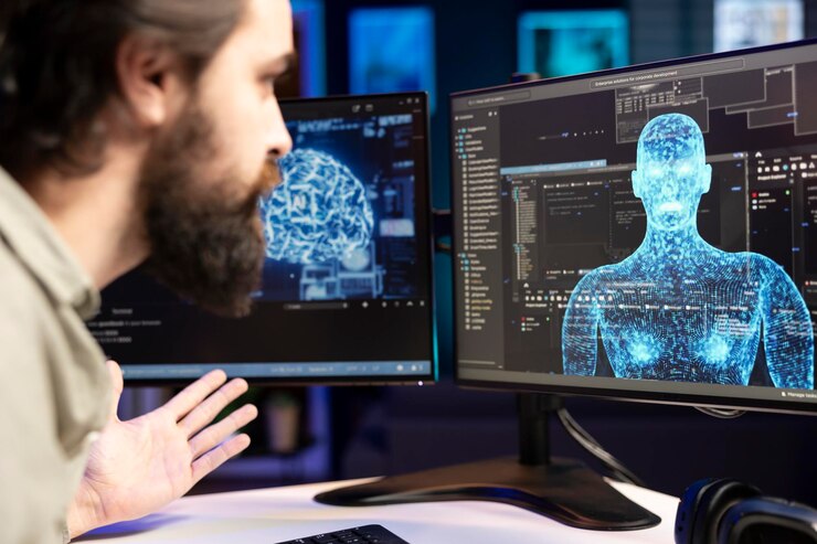 Gratis Bild ai robot gaining humanoid form inside computer