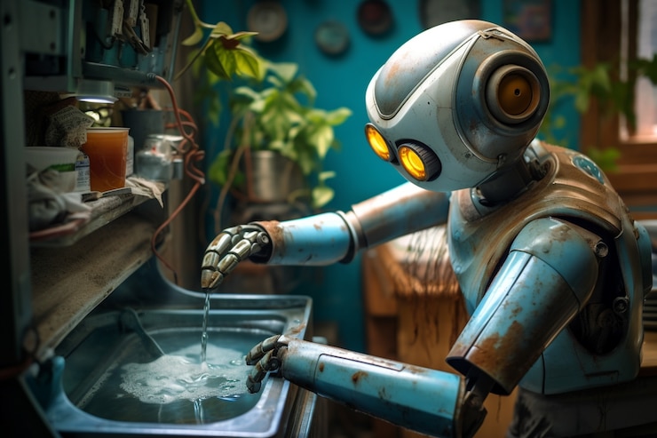 Gratis Bild antropomorfisk futuristisk robot som utför ett vanligt mänskligt jobb