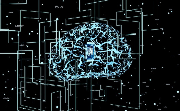 Artificial Intelligence system using complex language code. Deep learning neural network programming model solving operations using massive computational power, 3D render animation