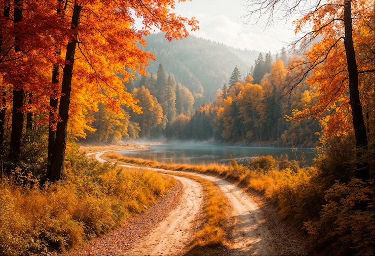 Gratis Bild autumn forest road near lake landscape