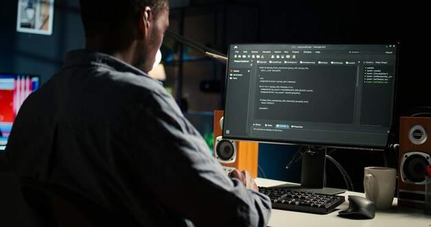 Black man programmer manages code and scripts in artificial intelligence