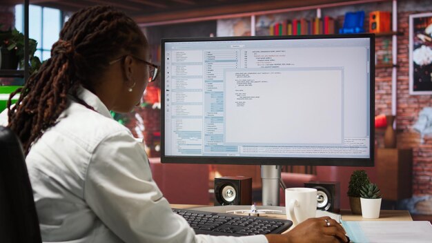 Close up of person using coding application to write and test code