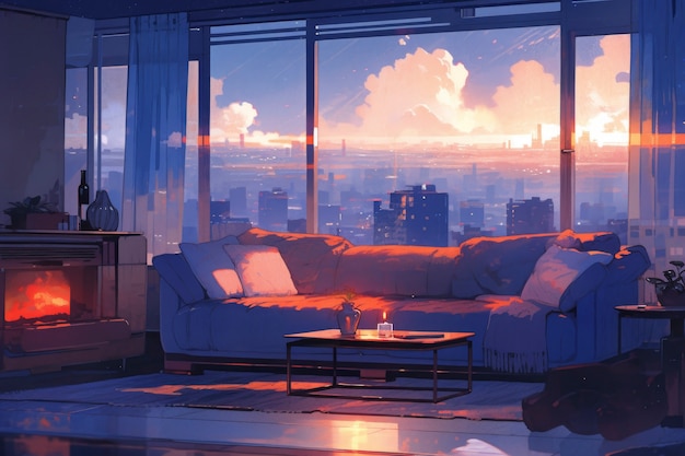 cozy home interior in anime style