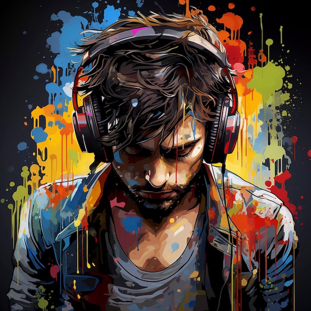 digital art portrait of person listening to music on headphones
