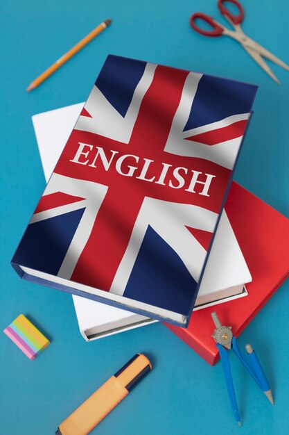 English books arrangement still life high angle