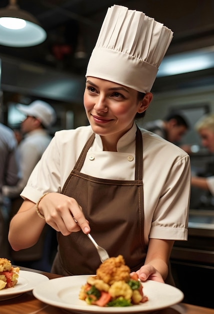 Female chef plating a dish