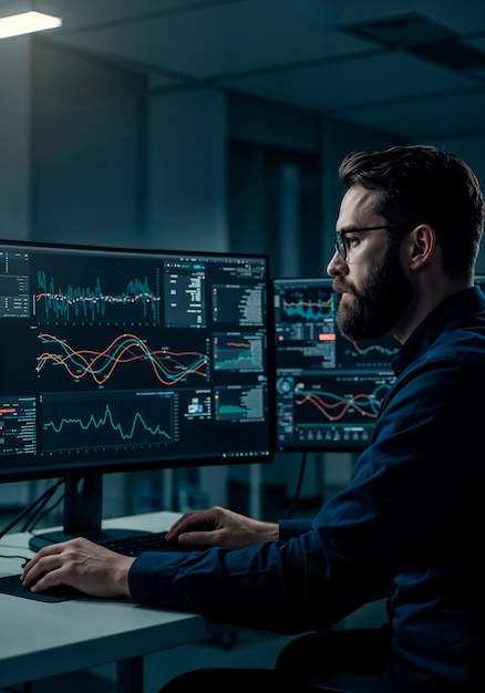 Financial analyst working with data on multiple screens