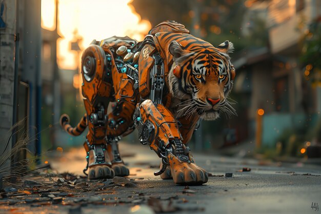 Futuristic half-robot tiger