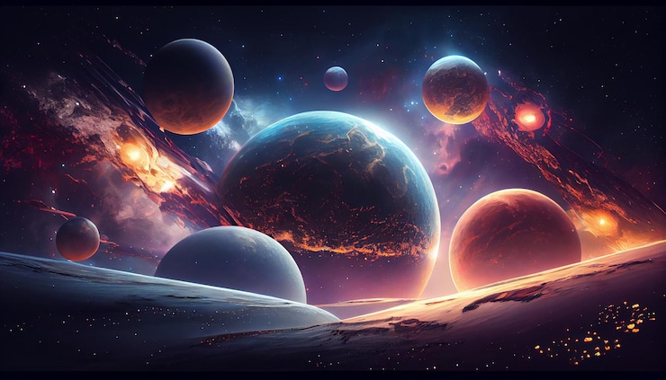 Gratis Bild glowing spaceship orbits planet in starry galaxy generated by ai