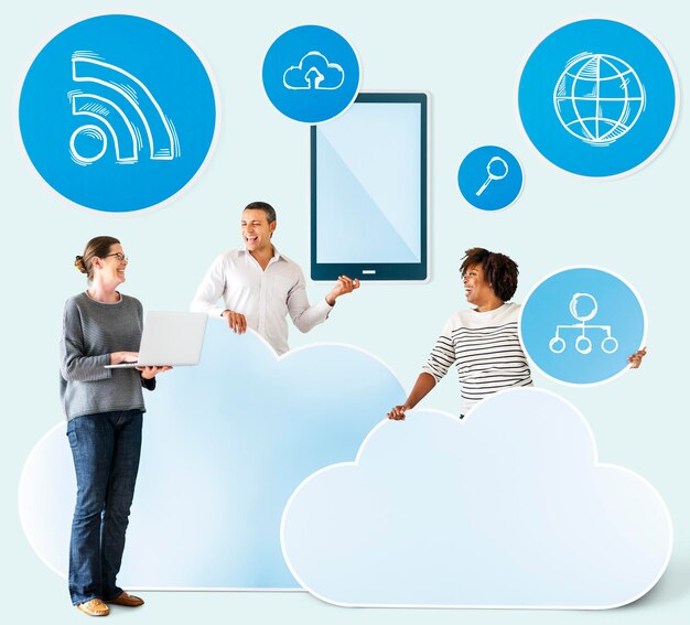 happy people with cloud and technology icons