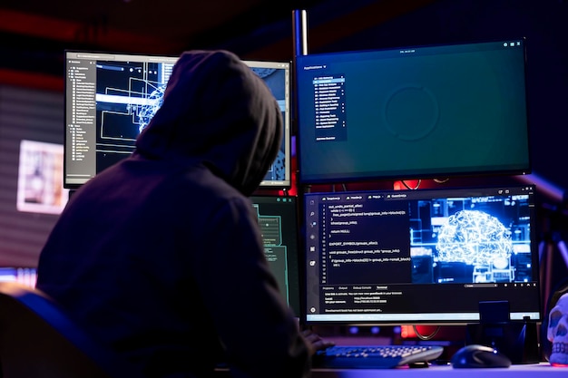Hooded hacker coding on pc using ai to evade security with stealth malware evil man using artificial