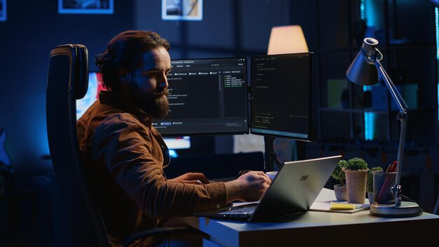 IT professional doing multitasking in apartment office while listening music