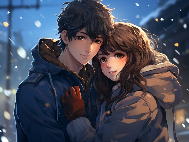 medium shot anime couple hugging