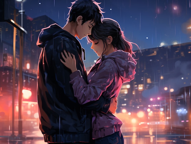 medium shot anime couple hugging