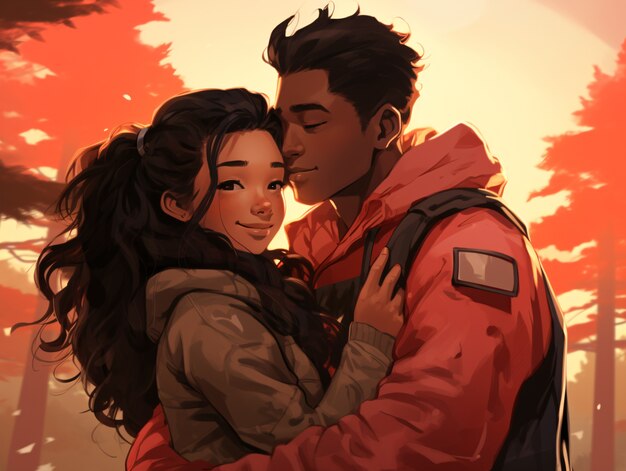 medium shot anime couple hugging