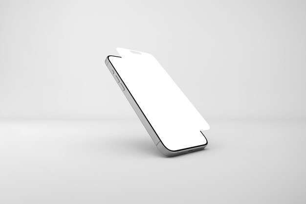 Modern silver smartphone levitating with blank screen isolated on a white background