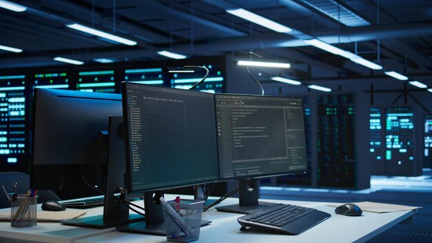 multi monitor computer setup in data center used for monitoring security threats