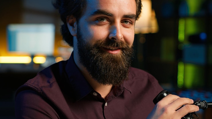 Gratis Foto portrait of jolly media star telling viewers facts about himself close up